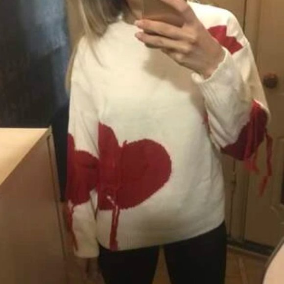 Heart Pattern Drop Shoulder Fringe Trim Sweater - Picture 11 of 12